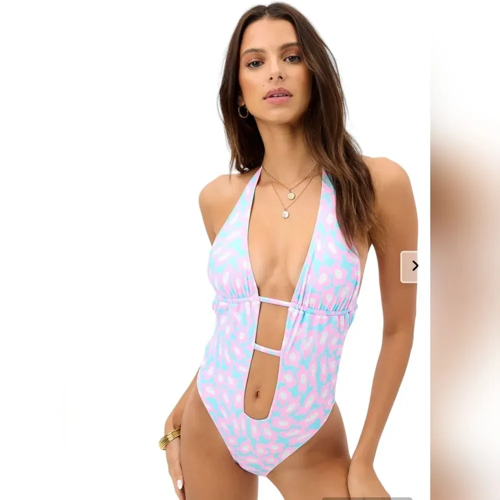 Frankies Bikinis Womens Pink Blue Floral Halter Cutout One Piece Swimsuit Large